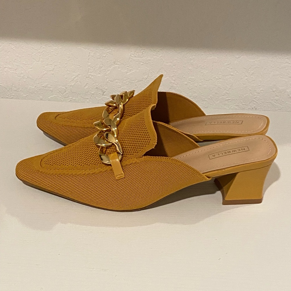 New Bella. Mustard Mules with Gold Chain Accent